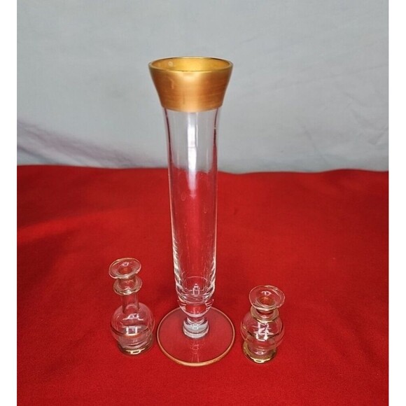 Crystal Bud Vase Set of 3 Gold 24K Trim Mini Footed Slender Flute - Picture 2 of 13